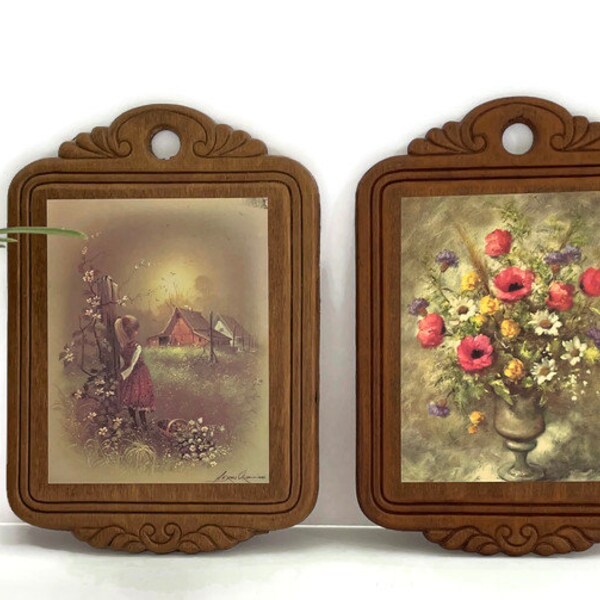 Vintage Wooden Litho Wall Plaques . little girl and barn, vase of flowers . artist signed . set of 2