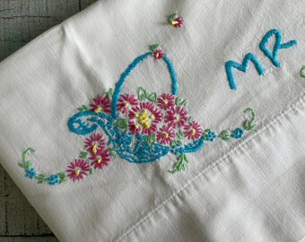 Embroidered CANNON Pillow Case, Flower Baskets and Monogram, Vintage, 100% cotton, Queen Size