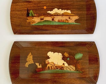Vintage Hasko Wooden Buffet Trays – Country Harvest Motif, Set of 2