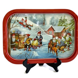 Vintage Christmas Elves Tin Serving Tray, Santas Workshop and Reindeer