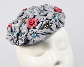 Blue and Red Floral Pillbox hat, Granny Hat, Retro Inspired Hat, Vintage Style Hat, Wedding Hat, Raceday Headpiece, Mother of the Bride hat