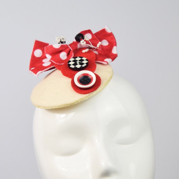 Cocktail Hat/Fascinator/Headpiece: Felt, Red and White Polkadot Bow with checkered buttons and acrylic pearls (Boxed)