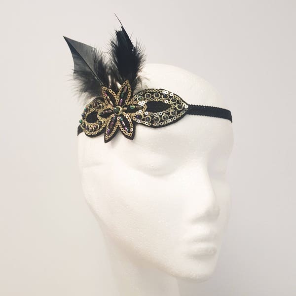 Great Gatsby, 1920's style headpiece, headdress with Rainbow beads, Gold sequins and black feathers