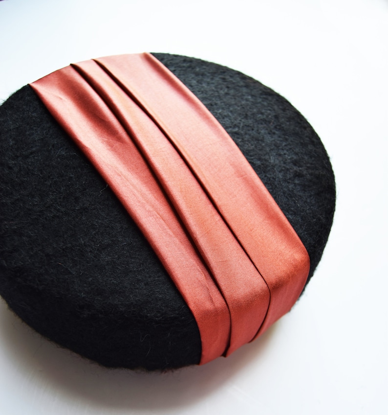 Percher Hat Hollywood Glamour Hat Retro Hat Party Hat Cocktail Hat Black Felt and Orange vintage inspired Pillbox Hat Black and Blue
