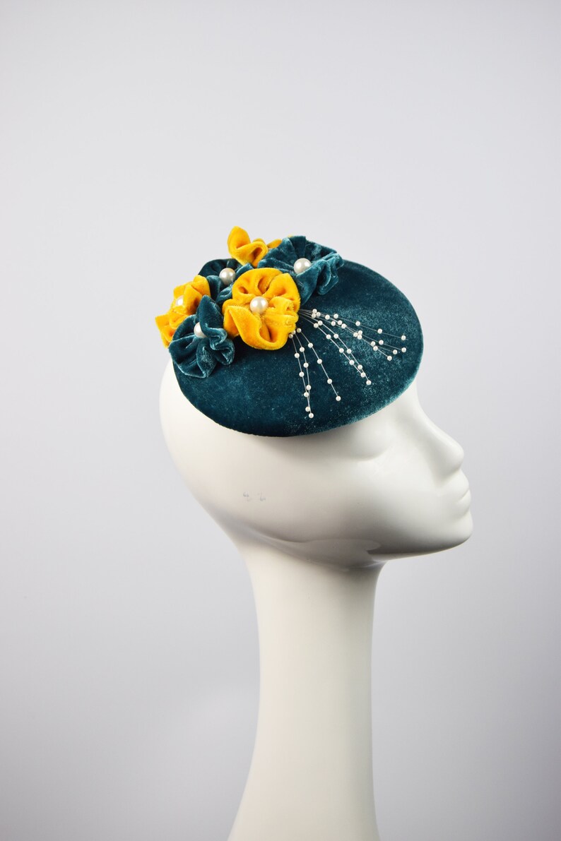 Turquoise and Mustard Velvet Pillbox Hat Vintage Style Etsy