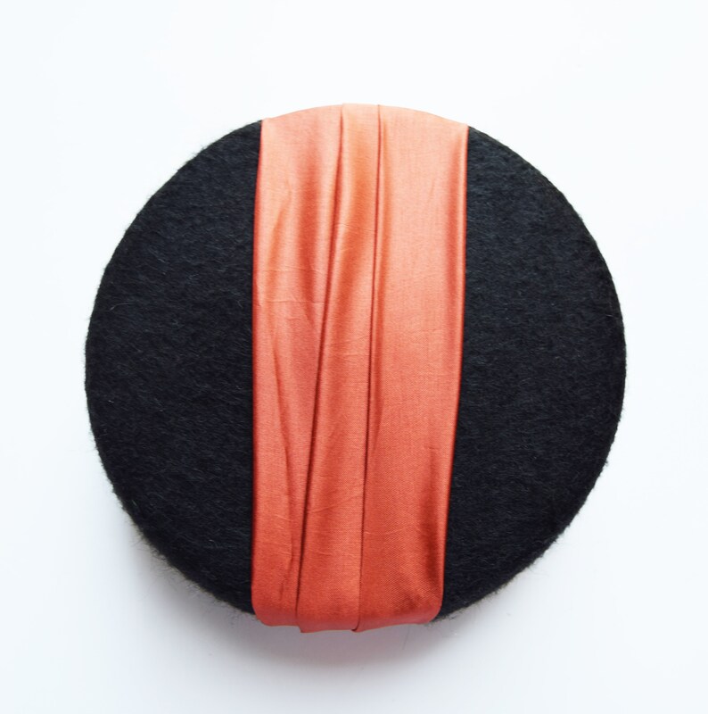 Percher Hat Hollywood Glamour Hat Retro Hat Party Hat Cocktail Hat Black Felt and Orange vintage inspired Pillbox Hat Black and Blue