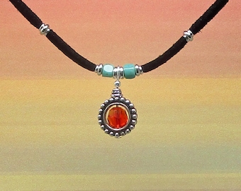 Black Vegan Suede Choker: Fire Opal Swarovski Crystal, Turquoise Beads