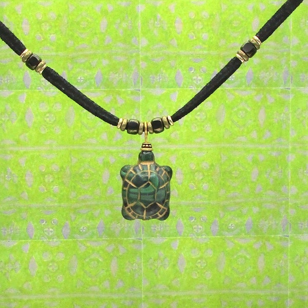 Green turtle pendant  black vegan suede leather  necklace Hawaii Honu jade green and gold pendant turtle reptile choker adjustable necklace