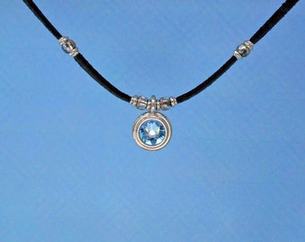 Aqua crystal pendant black suede leather choker necklace, marine blue crystal mini pendant, vegan leather adjustable Swarovski necklace