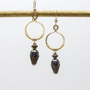 Purple Pearl Drop Hoop Earrings: 14K Gold Fill Ear Wires