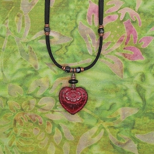 Cherry red heart rose pendant  black suede vegan leather choker necklace gothic vintage look Valentine heart adjustable choker necklace