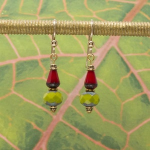 Ruby red earrings, red and green earrings,  chartreuse green earrings,  ornament earring, tropical earrings, Christmas holiday earrings