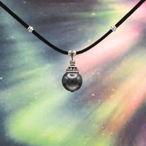 Black crystal pearl vegan suede black leather pendant necklace, Tahitian pearl choker, Large black pearl pendant choker, Swarovski pearl