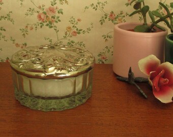 Loose Powder Glass Jar Pot with Silver Plated Mirrored Lid Arts & Crafts Art Nouveau Style Vintage Retro