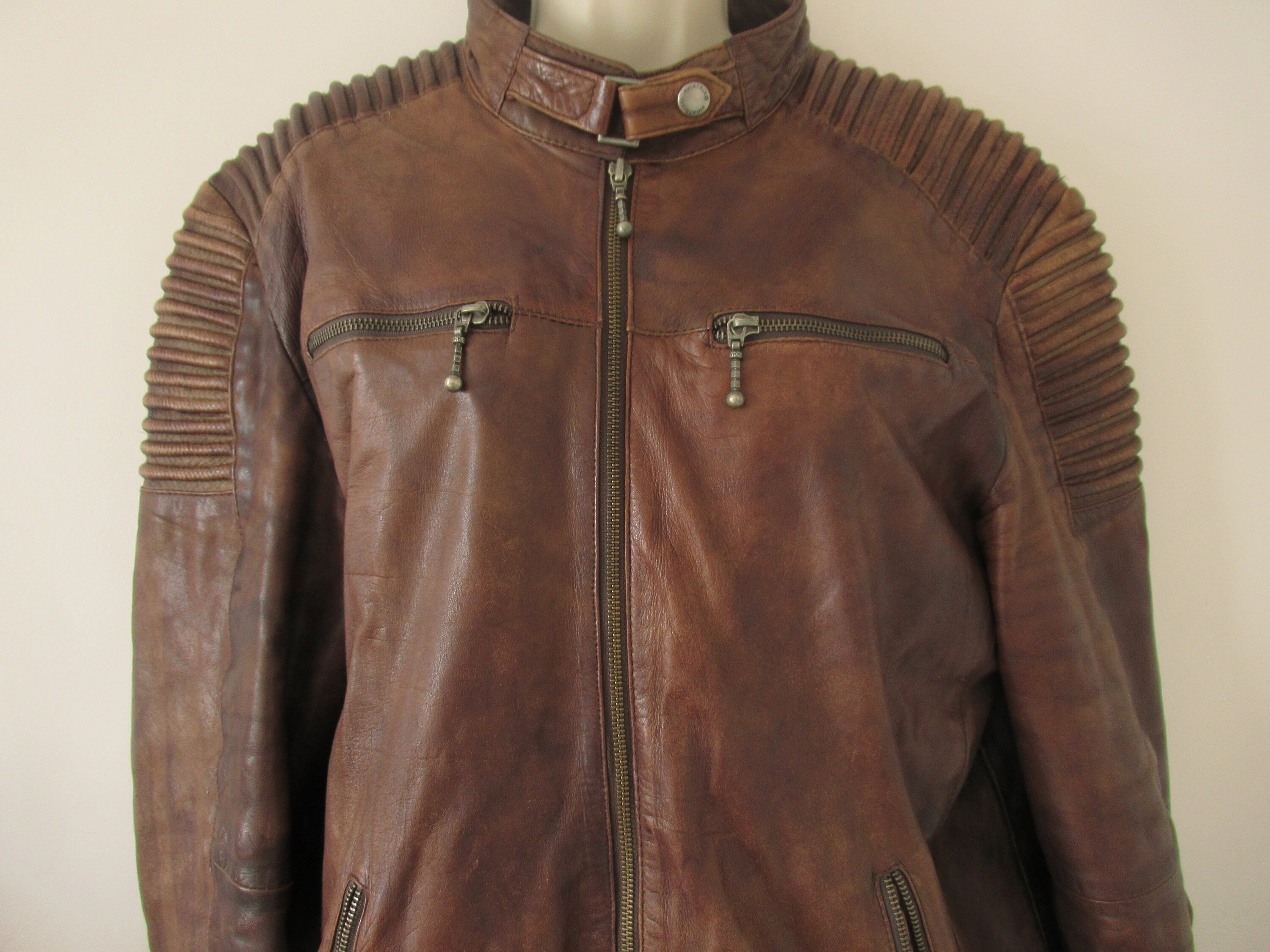 Image of Saleaviatrix Tan Genuine Leather Bomber Biker Jacket Ribbed Shoulder & Sleeves Panel Size Xl