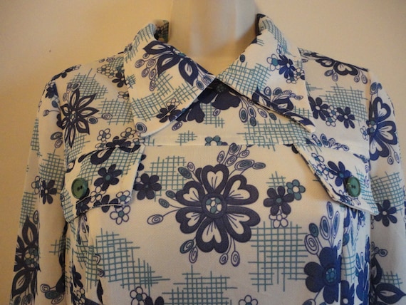 Blue Floral Print 70s Dress Long-Sleeved Pointy Co