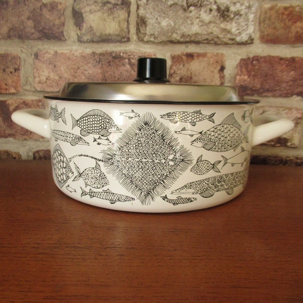 Finel of Finland Fish Enamel Fish Design Saucepan Black & White Vintage Retro Scandi Chic Mid Century Kitchenalia