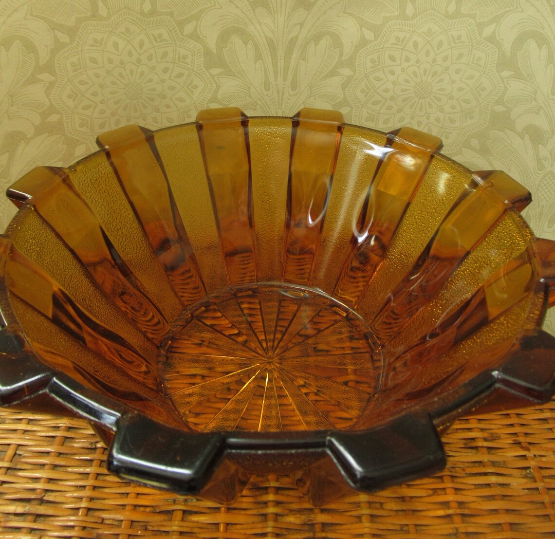 Amber Glass Fruit Serving Bowl Art Deco Style Depression Glass Etsy