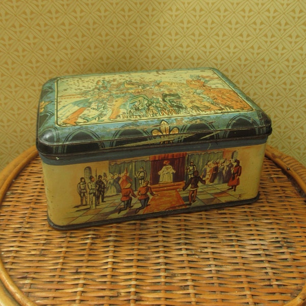 French Damoiseau Hinged Biscuit Tin Container Medieval Themed Jousting Knights Middle Ages Antique Vintage