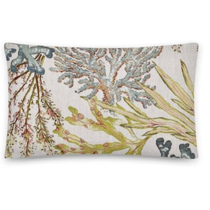 May include: A rectangular throw pillow with a white background and a colorful floral pattern featuring coral, seaweed, and other sea life.