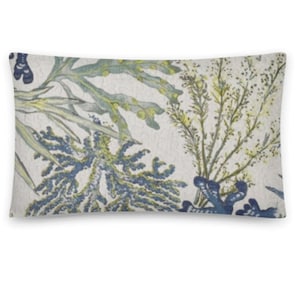 May include: A white pillow with a blue and green floral pattern. The pattern features stylized sea life, including seaweed and coral.
