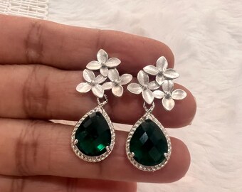 Cherry blossom flower earrings, four Patel flower and emerald green stones earrings, sterling silver earrings, bridal bridesmaid earrings