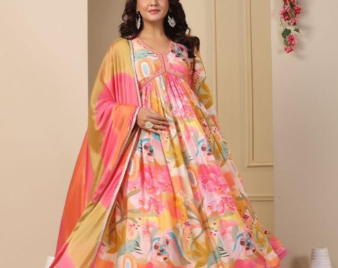 Women’s Chinnon Fabric Alia Cut Salwar Suit Set with Printed Design & Matching Dupatta