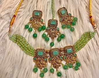Beautiful lime geeen Indian choker set, necklace  tikka and earrings set