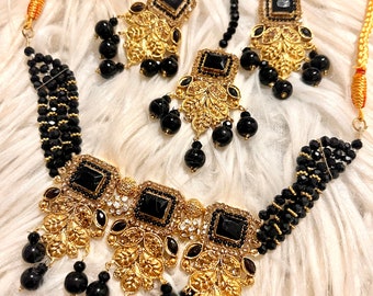 Beautiful black crystal Indian choker set, necklace  tikka and earrings set