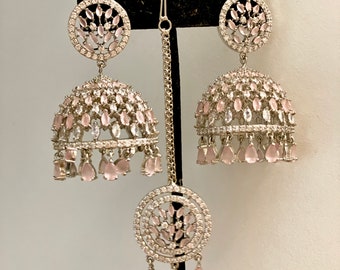 Silver and pink ad jhumki earrings and teka set, jhumki earrings large ad jhumka