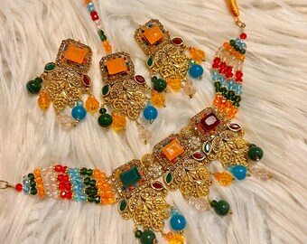 Beautiful multicolor crystal Indian choker set, necklace  tikka and earrings set