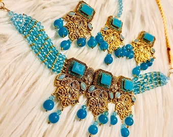 Beautiful blue crystal Indian choker set, necklace  tikka and earrings set