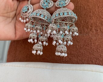 Silver ad jhumki earrings and tekka set
