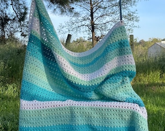 Crochet Baby Blanket: Blessed Blanket, Blue Green White, 40x33