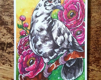 Aquarell Vogel Print mit Blumen - Sittich, Taube, Blaumeise 13 x 18 cm