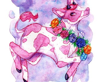 Erdbeer-Kuh Aquarell Handwerker Baumwolldruck 8,5x11