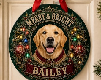 Custom Pet Portrait Christmas Sign, Personalized Dog or Cat Door Hanger, Acrylic Holiday Decor, Christmas Gift for Pet Lover