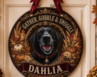 Personalized Thanksgiving Pet Door Hanger, Custom Dog or Cat Photo Sign, 11.8 Inch Brown Acrylic Fall Decor