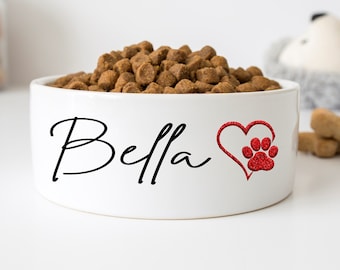 Personalized Dog Bowl Cat Pet Bowl with Name and Heart Paw Gift for Pet Food Bowl Water Bowl Small Cat Bowls Ceramic 6" or 7" White