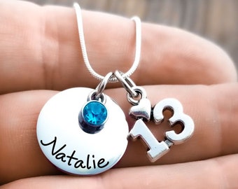13th Birthday Necklace, Gift for Girl Turning 13, Personalized Name Necklace with Birthstone, Gift for 13 Year Old, Little Girl Gift,