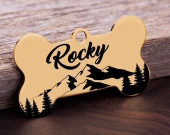 Personalized Mountain Dog Tag, Stainless Steel Bone Pet ID