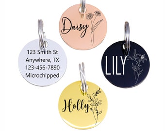 Personalized pet dog ID tag, Birth Flower Pet Tag, Pet dog tag, dog ID Tag, Minimalist Pet Tag, Cat Tag, Engraved Pet Tag, Dog Collar Tag