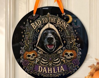 Personalized Pet Halloween Door Hanger, Custom Dog or Cat Photo Sign, 11.8 Inch Acrylic Front Door Decor, Spooky Pet Portrait