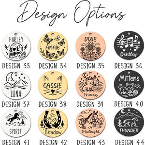 May include: A selection of round pet tag designs with various engraved images and text. Designs include a skull, butterflies, a sunflower, musical notes, a crescent moon, a cat face, a cat with a crown, a cat with yarn, a horse, a horseshoe, a horse with a saddle, and a horse with mountains.