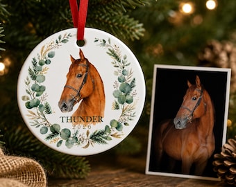 Personalized Horse Portrait Christmas Ornament, Custom Watercolor Horse Photo, 3-Inch Ceramic Equestrian Gift
