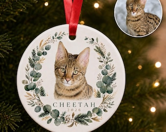 Custom Cat Portrait Christmas Ornament, Personalized Watercolor Pet, 3-Inch Ceramic Keepsake