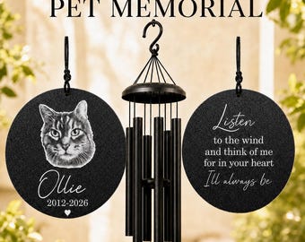 Cat Memorial Wind Chime with Photo | Personalized Cat Memorial Gift | Cat Loss Sympathy Gift | Custom Engraved Pet Remembrance