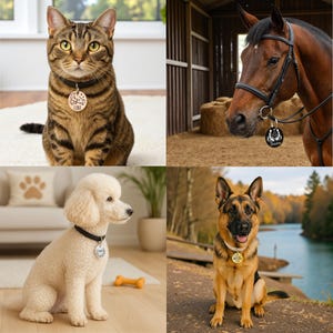 May include: A collage of pets wearing personalized pet tags. A tabby cat, a horse, a poodle, and a German Shepherd are shown. The tags are round and feature names and designs. The cat's tag says "Luna". The horse's tag says "Shadow".