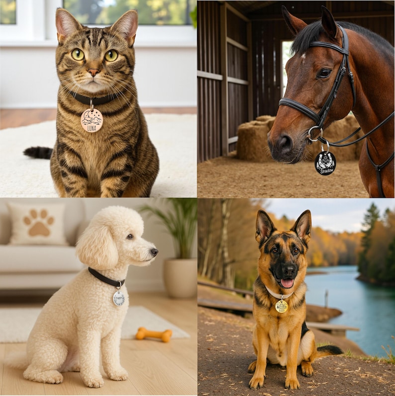 May include: A collage of pets wearing personalized pet tags. A tabby cat, a horse, a poodle, and a German Shepherd are shown. The tags are round and feature names and designs. The cat's tag says "Luna". The horse's tag says "Shadow".