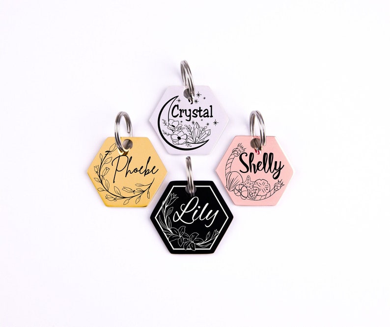 Personalized Hexagon Cat ID Tag, Custom Engraved Cat Tag, Stainless Steel Cat Collar Tag, Kitten Name Tag, Pet ID Tag, Cat Gift image 1